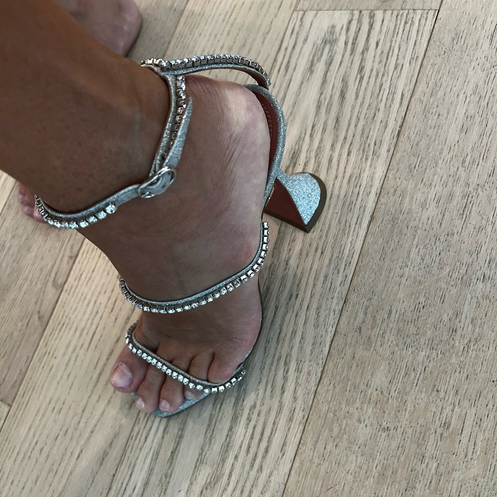 Amina Muaddi silver glitter and rhinestone heeled sandal 38 - Picture 6 of 16